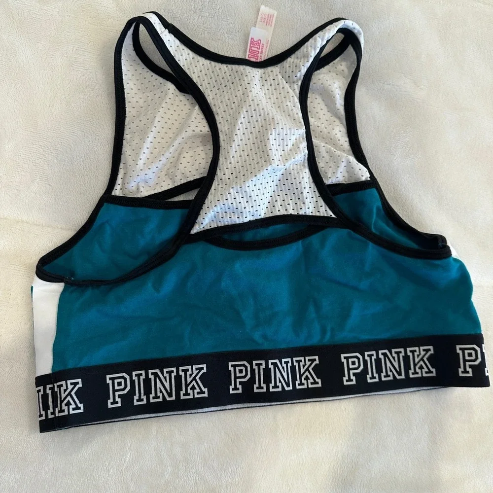 PINK Victoria's Secret High Neck Mesh Sports Bra‎ Teal White L(A-C)